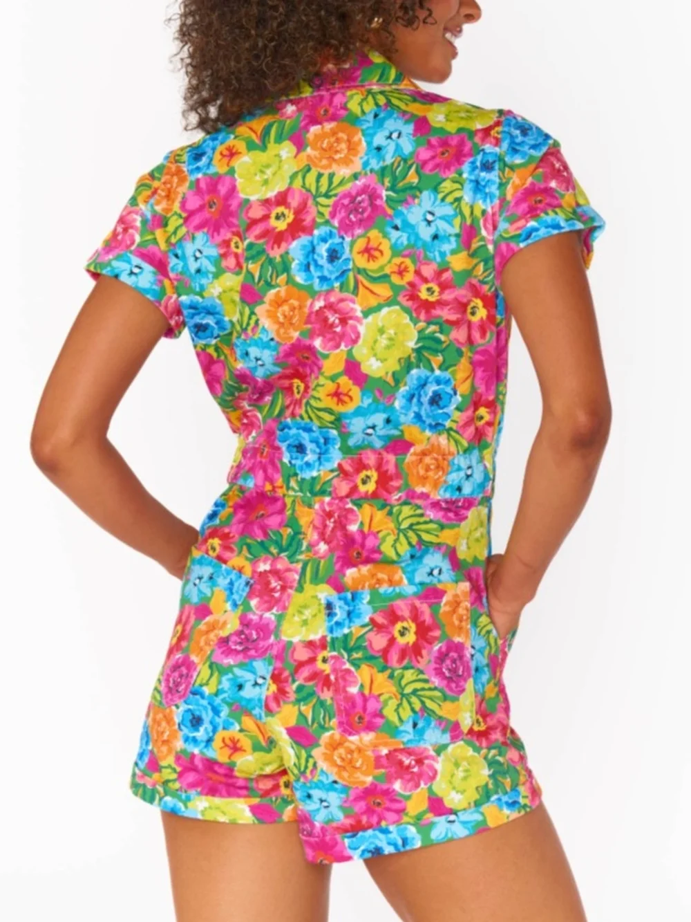 Show Me Your Mumu Vibrant Floral Denim Short Romper- Medium - Picture 3 of 5